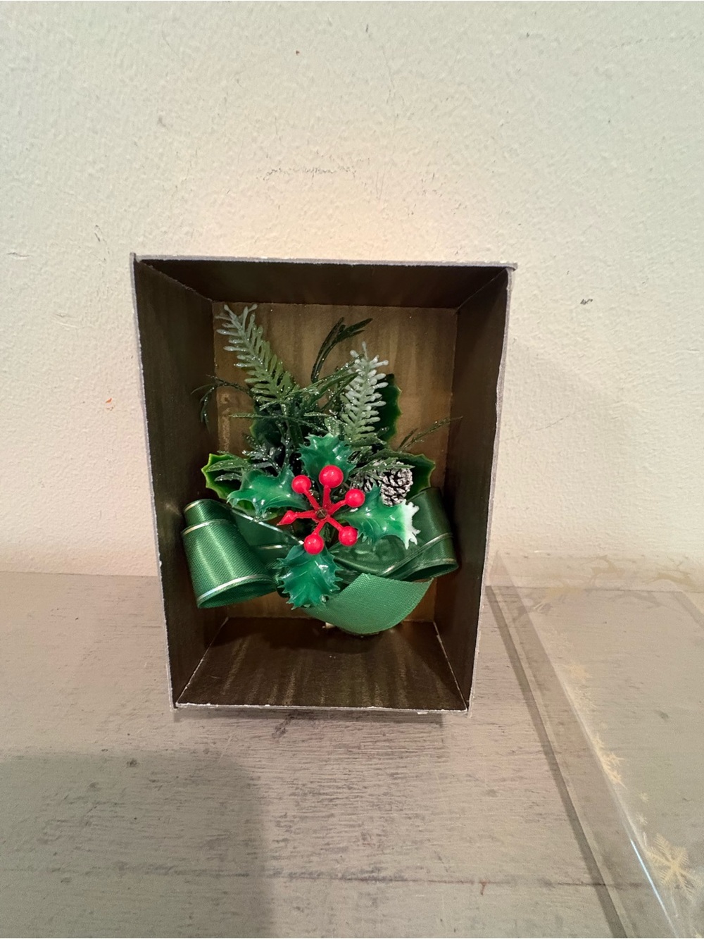 VTG MCM Boxed Holiday Corsage With Plastic Holly,Berries, And Green Bow